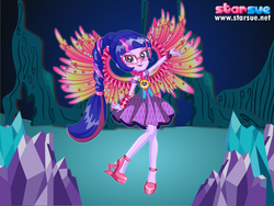 Size: 800x600 | Tagged: safe, artist:user15432, sci-twi, twilight sparkle, alicorn, human, equestria girls, g4, my little pony equestria girls: legend of everfree, bracelet, clothes, colored wings, crystal guardian, crystal wings, dress, dressup, dressup game, glasses, gradient wings, high heels, humanized, jewelry, necklace, ponied up, sci-twilicorn, shoes, solo, starsue, super ponied up, twilight sparkle (alicorn), winged humanization, wings