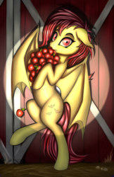 Size: 1506x2325 | Tagged: safe, artist:lightly-san, fluttershy, bat pony, pony, g4, apple, barn, bat wings, bipedal, caught, female, flutterbat, food, fruit, hoof hold, looking at you, mare, race swap, red eyes, solo, spotlight, stealing, surprised