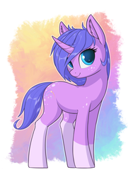 Size: 1238x1650 | Tagged: safe, artist:shydale, oc, oc only, oc:startrail, pony, unicorn, abstract background, coat markings, curved horn, cute, dappled, ear fluff, female, freckles, horn, looking at you, mare, smiling, socks (coat markings), solo, spots