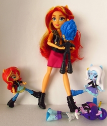 Size: 1500x1773 | Tagged: safe, artist:whatthehell!?, flash sentry, sci-twi, sunset shimmer, trixie, twilight sparkle, equestria girls, g4, boots, clothes, doll, dress, equestria girls minis, fight, irl, jacket, kicking, pair, pencil, photo, shoes, toy, tuxedo