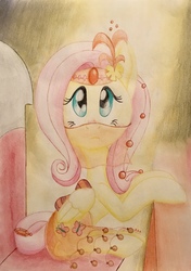 Size: 2606x3693 | Tagged: safe, artist:gracefulart693, fluttershy, pegasus, pony, the mare who became queen, g4, clothes, fanfic, fanfic art, female, folded wings, headdress, high res, jewelry, looking at you, looking up, mare, see-through, sitting, solo, traditional art, turned head, veil
