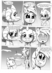 Size: 904x1280 | Tagged: safe, artist:ahobobo, princess ember, rainbow dash, dragon, pegasus, pony, comic:expanding relations, g4, bloodstone scepter, blushing, dragoness, drool, fanfic, fanfic art, female, grayscale, hungry, monochrome, this will end in weight gain