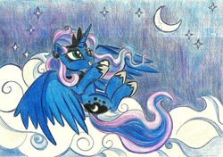 Size: 2000x1411 | Tagged: safe, artist:pedrohander, princess luna, alicorn, pony, g4, cloud, female, looking up, mare, night, on a cloud, on back, smiling, solo, spread wings, traditional art, wings