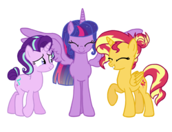 Size: 1560x1200 | Tagged: safe, artist:flipwix, starlight glimmer, sunset shimmer, twilight sparkle, alicorn, pony, unicorn, g4, alicornified, alternate hairstyle, counterparts, digital art, ethereal mane, eyes closed, female, hair bun, lesbian, mare, older, older twilight, ot3, race swap, shimmercorn, ship:shimmerglimmer, ship:sunsetsparkle, ship:twistarlight, shipping, simple background, smiling, spread wings, starry mane, tail bun, transparent background, twilight sparkle (alicorn), twilight's counterparts, twishimmerglimmer, ultimate twilight, wings