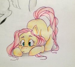 Size: 1024x917 | Tagged: safe, artist:kotnaszynce, fluttershy, pegasus, pony, g4, face down ass up, female, looking at something, looking down, mare, missing cutie mark, solo, traditional art