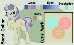 Size: 1024x630 | Tagged: safe, artist:ipandacakes, oc, oc only, oc:sand dollar, pony, unicorn, female, mare, offspring, parent:jet set, parent:upper crust, parents:upperset, reference sheet, solo