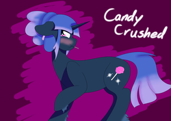 Size: 4092x2893 | Tagged: safe, artist:sharpiesketches-mlp, oc, oc:candy crushed, pony, unicorn, blushing, cutie mark, female, looking away, mare, scowl, simple background, text, wavy mouth