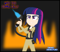 Size: 1427x1219 | Tagged: safe, artist:anime-equestria, twilight sparkle, equestria girls, g4, backpack, band, belt, blowtorch, evil smile, fire, ghostbusters, grin, human coloration, male, smiling, smirk, solo, trap (device), voice actor joke