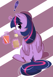 Size: 2057x2967 | Tagged: safe, artist:pastelhorses, twilight sparkle, alicorn, pony, g4, abstract background, drink, eating, exclamation point, female, food, french fries, glowing horn, high res, horn, looking at you, looking back, looking back at you, magic, mare, rear view, sitting, solo, telekinesis, twilight sparkle (alicorn)