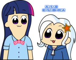 Size: 1484x1161 | Tagged: safe, artist:anime-equestria, trixie, twilight sparkle, equestria girls, g4, bowtie, clothes, duo, hoodie, human coloration, pop team epic, school uniform, simple background, transparent background, zipper