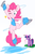 Size: 789x1200 | Tagged: safe, artist:akainu_pony, pinkie pie, twilight sparkle, alicorn, earth pony, pony, g4, winter wrap up, clothes, cute, duo, duo female, female, glowing horn, horn, ice skating, magic, mare, one eye closed, quill, simple background, telekinesis, twilight sparkle (alicorn), vest, weather team, white background, wink, winter wrap up vest, writing
