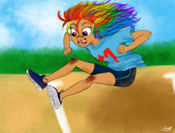 Size: 2900x2200 | Tagged: safe, artist:senaris, rainbow dash, human, g4, female, high res, humanized, jumping, shoes, sneakers, solo
