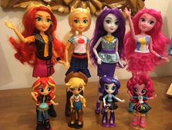 Size: 1280x960 | Tagged: safe, applejack, pinkie pie, rarity, sunset shimmer, equestria girls, g4, boots, clothes, doll, dress, equestria girls minis, hat, irl, jacket, pair, pencil, photo, shoes, toy