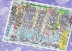 Size: 2482x1757 | Tagged: safe, artist:nephilim rider, sci-twi, sunset shimmer, twilight sparkle, oc, oc:destiny silent, oc:heaven lost, oc:lila lovely, equestria girls, equestria girls series, g4, equestria girls-ified, traditional art