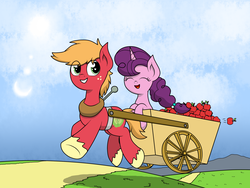 Size: 2048x1536 | Tagged: dead source, safe, artist:php142, big macintosh, sugar belle, earth pony, pony, unicorn, g4, apple, cart, cute, eyes closed, female, food, freckles, fruit, happy, heart eyes, love, male, mare, outdoors, riding, ship:sugarmac, shipping, sky, smiling, stallion, straight, sun, trotting, underhoof, wingding eyes, youtube link