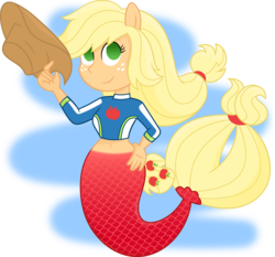 Size: 6405x5958 | Tagged: safe, artist:sugar-loop, part of a set, applejack, mermaid, equestria girls, g4, my little pony: the movie, absurd resolution, belly button, blonde, chibi, clothes, cowboy hat, female, freckles, hand on hip, hat, mermaid tail, mermaidized, midriff, ponied up, seapony applejack, shirt, simple background, smiling, solo, species swap, stetson, transparent background