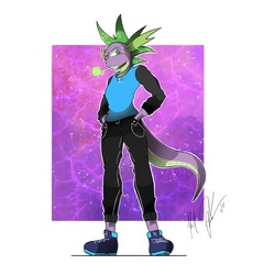 Size: 2048x2048 | Tagged: safe, artist:dark-zoul, spike, anthro, plantigrade anthro, g4, blowing, clothes, fire, green fire, hand in pocket, high res, male, older, older spike, pants, shoes, signature, solo