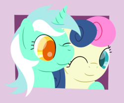 Size: 966x799 | Tagged: safe, artist:phat_guy, derpibooru exclusive, bon bon, lyra heartstrings, sweetie drops, earth pony, pony, unicorn, g4, abstract background, bust, colored pupils, duo, female, frame, hooves, horn, hug, lesbian, lineless, looking at each other, mare, minimalist, modern art, one eye closed, portrait, purple background, ship:lyrabon, shipping, simple background, smiling, wink