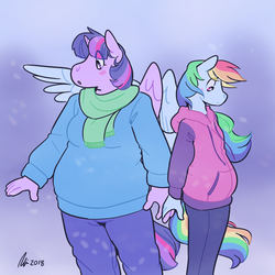 Size: 1280x1280 | Tagged: safe, artist:rwl, rainbow dash, twilight sparkle, alicorn, anthro, g4, bbw, blushing, chubby, clothes, fat, female, height difference, holding hands, lesbian, scarf, ship:twidash, shipping, size difference, snow, sweater, twilard sparkle, twilight sparkle (alicorn), winter, winter outfit