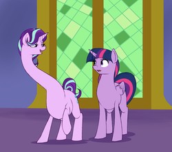 Size: 1280x1137 | Tagged: safe, artist:astr0zone, starlight glimmer, twilight sparkle, alicorn, pony, unicorn, g4, are you frustrated?, castle, duo, eye contact, female, hilarious in hindsight, impossibly long neck, lidded eyes, long glimmer, long neck, looking at each other, mare, necc, open mouth, raised eyebrow, raised hoof, smiling, smirk, smug, smuglight glimmer, twilight sparkle (alicorn), wat