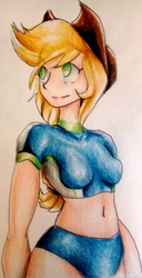 Size: 1628x3181 | Tagged: safe, artist:nolyanimeid, applejack, equestria girls, equestria girls specials, g4, my little pony equestria girls: better together, my little pony equestria girls: forgotten friendship, belly button, clothes, cowboy hat, female, hat, human coloration, midriff, solo, stetson, swimsuit, traditional art
