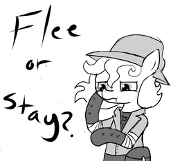 Size: 640x600 | Tagged: safe, artist:ficficponyfic, oc, oc only, oc:lockepicke, cyoa:the wizard of logic tower, bag, boots, clothes, coat, cyoa, hat, monochrome, shoes, story included, sweater
