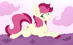 Size: 4525x2811 | Tagged: safe, artist:paskanaakka, derpibooru exclusive, roseluck, earth pony, pony, g4, chest fluff, cloud, colored hooves, ear fluff, female, lidded eyes, mare, prone, smiling, solo, sploot, unshorn fetlocks