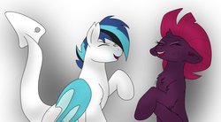 Size: 1204x663 | Tagged: safe, artist:monsoonvisionz, tempest shadow, oc, oc:dusk rider, oc:lazuli cutter, dracony, hybrid, g4, my little pony: the movie, eyes closed, laughing, simple background