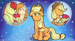 Size: 2532x1408 | Tagged: safe, artist:littletigressda, apple bloom, applejack, bright mac, pear butter, earth pony, pony, g4, baby, baby apple bloom, baby pony, memory orb, sitting, younger