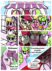 Size: 5100x6900 | Tagged: safe, artist:mulberrytarthorse, daisy, flower wishes, lily, lily valley, roseluck, oc, oc:mulberry tart, earth pony, pony, unicorn, absurd resolution, bakery, comic, cookie, cupcake, dialogue, female, flower trio, food, ice cream sandwich, imminent vore, imminent weight gain, kitchen eyes, mare, ominous, pie, starry eyes, this will end in weight gain, tongue out, wingding eyes