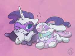 Size: 3500x2600 | Tagged: safe, artist:glitterstar2000, rarity, sweetie belle, pony, unicorn, g4, cute, duo, female, filly, high res, horn, lying down, mare, mask, pillow, siblings, simple background, sisters, sleep mask, sleeping, smiling, zzz
