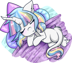 Size: 1528x1329 | Tagged: safe, artist:xwhitedreamsx, oc, oc only, oc:lorelei, bed, blushing, female, filly, leonine tail, pillow, simple background, sleeping, solo, transparent background