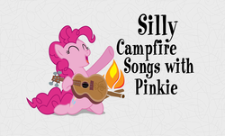 Size: 1642x994 | Tagged: artist needed, safe, edit, pinkie pie, series:pony tales, g4, campfire, guitar, happy, title card, veggietales