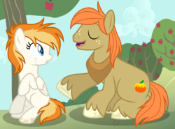 Size: 1521x1125 | Tagged: safe, artist:detoxx-retoxx, oc, oc only, oc:aerial, oc:autumn gold, earth pony, pegasus, pony, apple tree, base used, crying, female, horse collar, male, mare, offspring, parent:big macintosh, parent:fire streak, parent:fluttershy, parent:spitfire, parents:fluttermac, parents:spitstreak, stallion, story included, sweet apple acres, tree, unshorn fetlocks