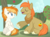 Size: 1521x1125 | Tagged: safe, artist:detoxx-retoxx, oc, oc only, oc:aerial, oc:autumn gold, earth pony, pegasus, pony, apple tree, base used, crying, female, horse collar, male, mare, offspring, parent:big macintosh, parent:fire streak, parent:fluttershy, parent:spitfire, parents:fluttermac, parents:spitstreak, stallion, story included, sweet apple acres, tree, unshorn fetlocks