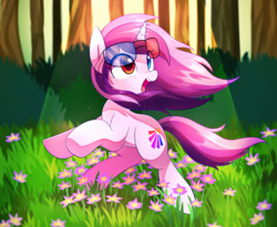 Size: 3018x2479 | Tagged: safe, artist:maren, oc, oc only, oc:purple eye, pony, unicorn, crepuscular rays, female, flower, forest, glasses, grass, heterochromia, high res, looking up, mare, open mouth, solo, sunglasses, windswept mane