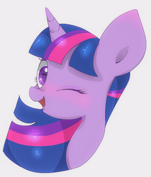 Size: 1123x1315 | Tagged: safe, artist:1drfl_world_end, twilight sparkle, pony, g4, bust, female, mare, one eye closed, simple background, solo, white background, wink