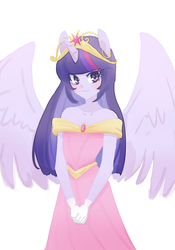 Size: 700x1000 | Tagged: safe, artist:misochikin, twilight sparkle, equestria girls, g4, big crown thingy, clothes, crown, cute, female, gloves, horn, jewelry, pixiv, ponied up, regalia, simple background, solo, twiabetes, twilight sparkle (alicorn), wings