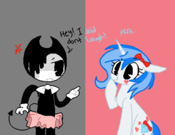 Size: 464x360 | Tagged: safe, artist:gempainter32, oc, oc:diamond nella, demon, pony, unicorn, angry, bendy, bendy and the ink machine, bendy the demon, blue mane, blue tail, bow, clothes, crossover, diamond, duo, female, gloves, gray background, hair bow, heart, horns, ink, laughing, mare, pink background, pink tutu, pointing, simple background, tutu, two sided background