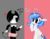 Size: 464x360 | Tagged: safe, artist:gempainter32, oc, oc:diamond nella, demon, pony, unicorn, angry, bendy, bendy and the ink machine, bendy the demon, blue mane, blue tail, bow, clothes, crossover, diamond, duo, female, gloves, gray background, hair bow, heart, horns, ink, laughing, mare, pink background, pink tutu, pointing, simple background, tutu, two sided background