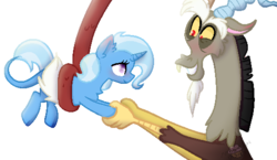 Size: 523x304 | Tagged: safe, artist:thatonefluffs, discord, trixie, pony, g4, female, male, shipping, simple background, straight, tail hold, transparent background, trixcord