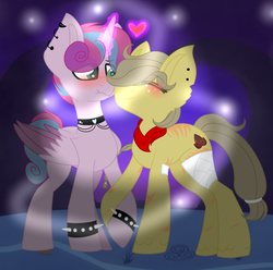 Size: 3295x3271 | Tagged: safe, artist:themisslittledevil, oc, oc only, oc:apple seed, oc:yuki, alicorn, pony, female, high res, magical lesbian spawn, male, mare, nuzzling, offspring, parent:applejack, parent:caramel, parent:princess flurry heart, parent:tempest shadow, parents:carajack, spiked wristband, stallion, two toned wings, wristband