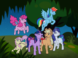 Size: 3120x2339 | Tagged: safe, artist:jackiebloom, applejack, fluttershy, pinkie pie, rainbow dash, rarity, twilight sparkle, earth pony, pegasus, pony, unicorn, friendship is magic, g1, g4, rescue at midnight castle, bow, cowboy hat, crt, crt monitor, crt tv, female, flying, forest, g4 to g1, generation leap, hair bow, hat, high res, mane six, mare, night, raised hoof, style emulation, tail bow, unicorn twilight