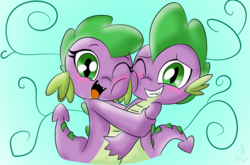 Size: 1214x800 | Tagged: safe, artist:emositecc, spike, dragon, g4, baby, baby dragon, barb, barbabetes, blushing, cute, dragoness, female, hug, looking at you, male, one eye closed, open mouth, rule 63, rule63betes, self dragondox, self ponidox, selfcest, ship:spikebarb, shipping, smiling, straight
