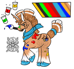 Size: 1500x1392 | Tagged: safe, artist:sapphirus, oc, oc only, pony, unicorn, adoptable, clothes, male, painter, scar, scarf, solo, stallion, watermark