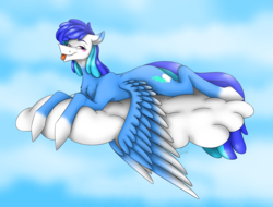 Size: 4069x3087 | Tagged: safe, artist:ggchristian, oc, oc only, oc:cloudy wing, pegasus, pony, blushing, chest fluff, cloud, coat markings, colored wings, colored wingtips, cutie mark, female, hooves, looking at you, lying on a cloud, mare, on a cloud, prone, sky, socks (coat markings), solo, spread wings, tongue out, wings