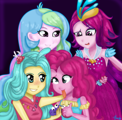 Size: 1936x1908 | Tagged: safe, artist:lovelygirlmusicer, pinkie pie, princess celestia, princess skystar, principal celestia, queen novo, shelldon, shelly, equestria girls, my little pony: the movie, blushing, clothes, dress, equestria girls-ified, female, freckles, mother and daughter, silly face, smiling, tongue out