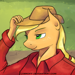 Size: 900x900 | Tagged: safe, artist:apocheck13, applejack, earth pony, anthro, g4, clothes, cowboy hat, female, freckles, grass, hat, lidded eyes, mare, shirt, smiling, solo, stetson
