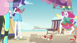 Size: 2208x1242 | Tagged: safe, screencap, fluttershy, pinkie pie, rarity, crab, equestria girls, equestria girls series, g4, too hot to handle, clothes, costume, feet, female, pinkie being pinkie, sandals, sandcastle, silly human, swimsuit, wetsuit