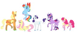 Size: 5830x2536 | Tagged: safe, artist:vampirwitch, applejack, fluttershy, pinkie pie, rainbow dash, rarity, twilight sparkle, alicorn, classical unicorn, pony, unicorn, g4, cloven hooves, colored wings, colored wingtips, curved horn, horn, leonine tail, mane six, redesign, simple background, transparent background, twilight sparkle (alicorn), unshorn fetlocks
